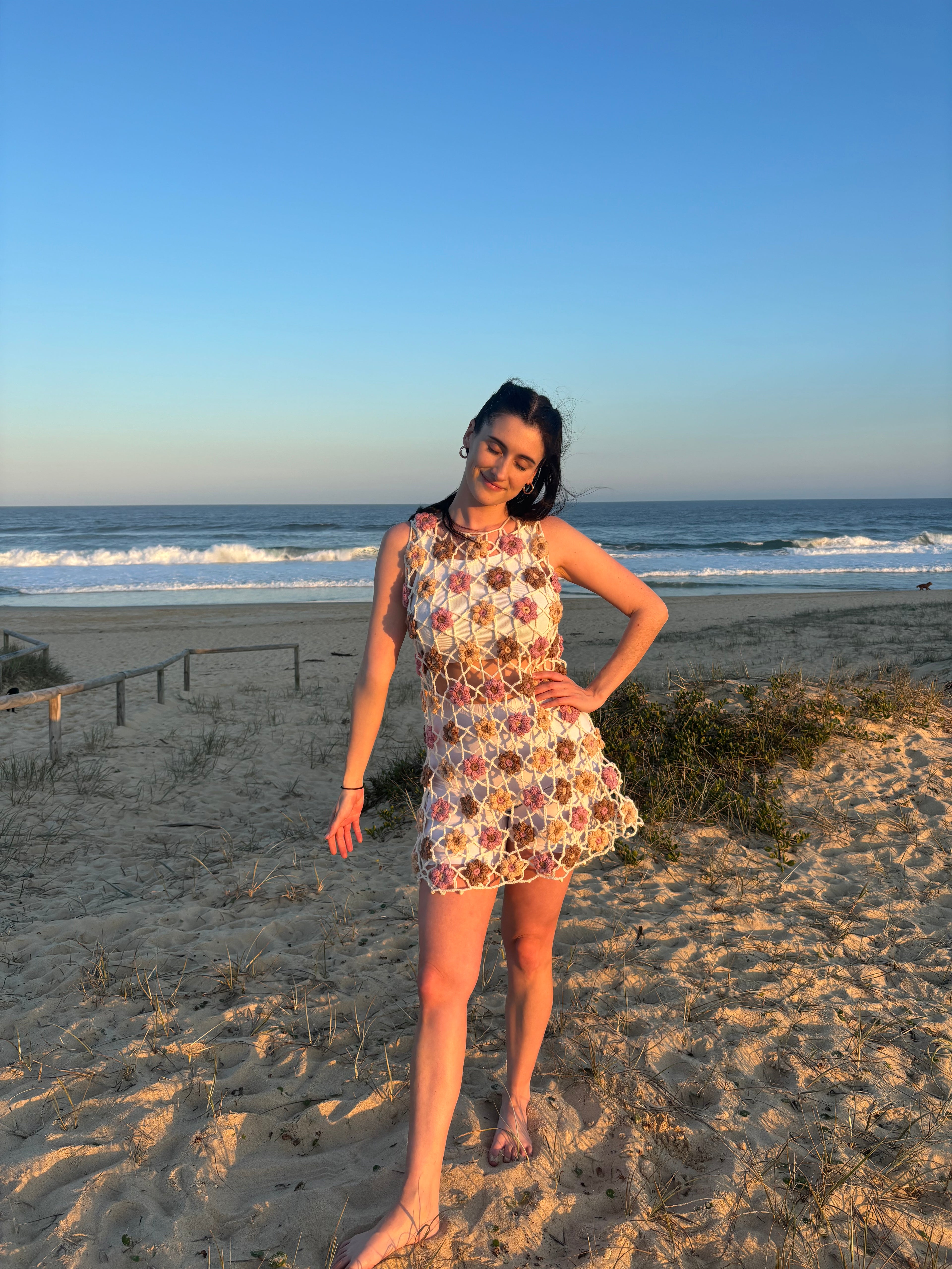 Crochet Pattern- Puff Flower Mesh Crochet Dress- Summer Beach Cover-Up Dress- Lace Demure Crochet Dress