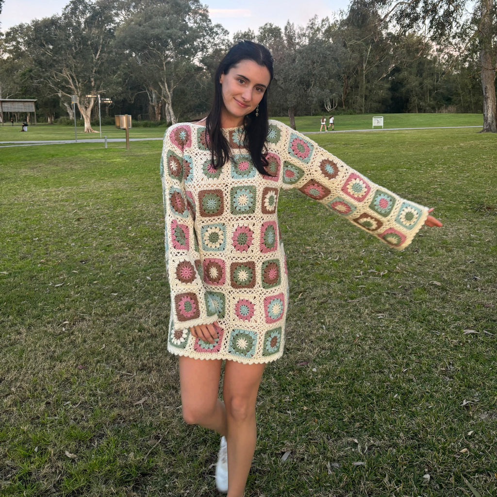 Crochet Pattern- Sunshine Granny Square Crochet Dress- Summer Winter Beach Cover-Up Dress