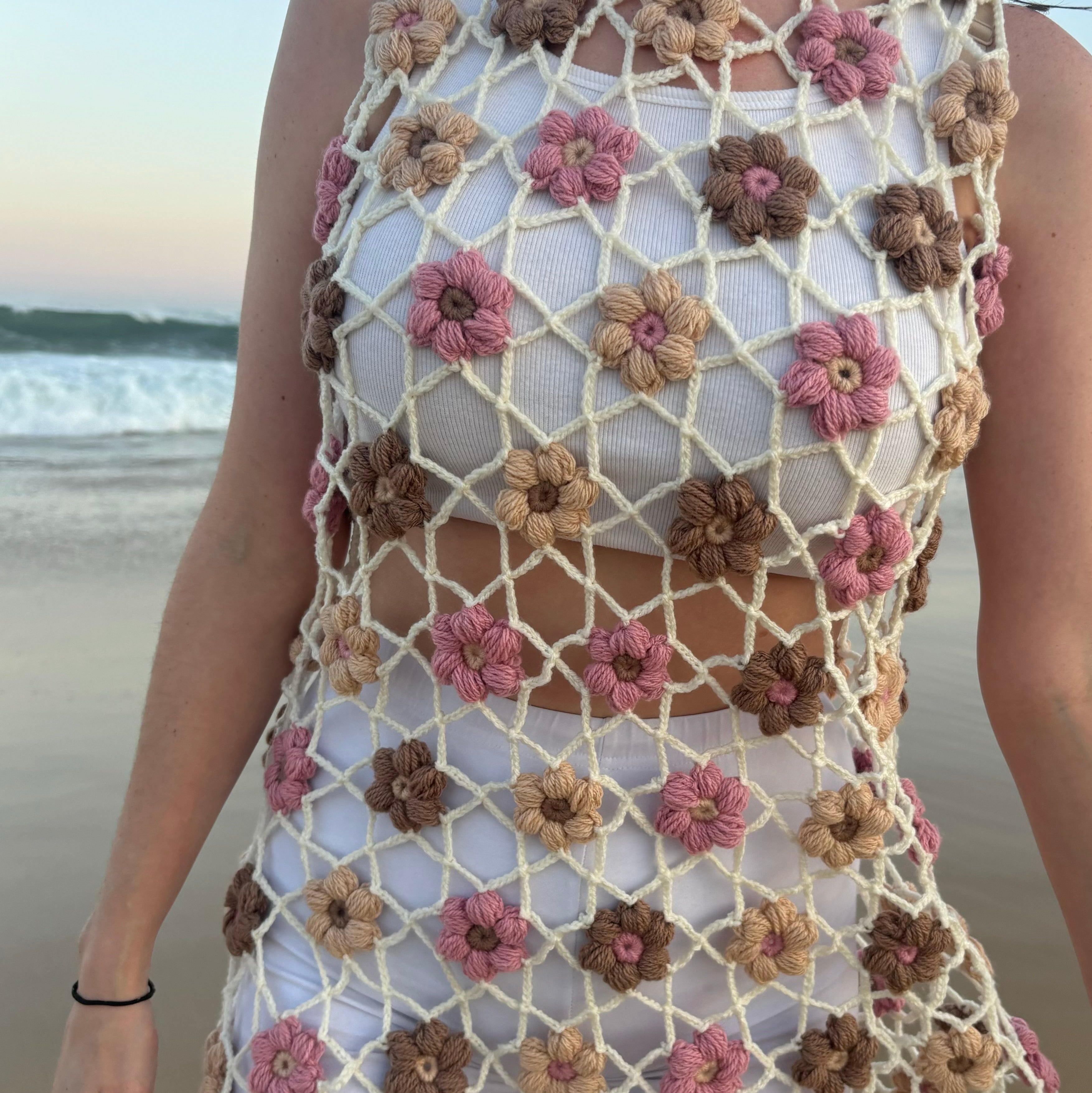 Crochet Pattern- Puff Flower Mesh Crochet Dress- Summer Beach Cover-Up Dress- Lace Demure Crochet Dress