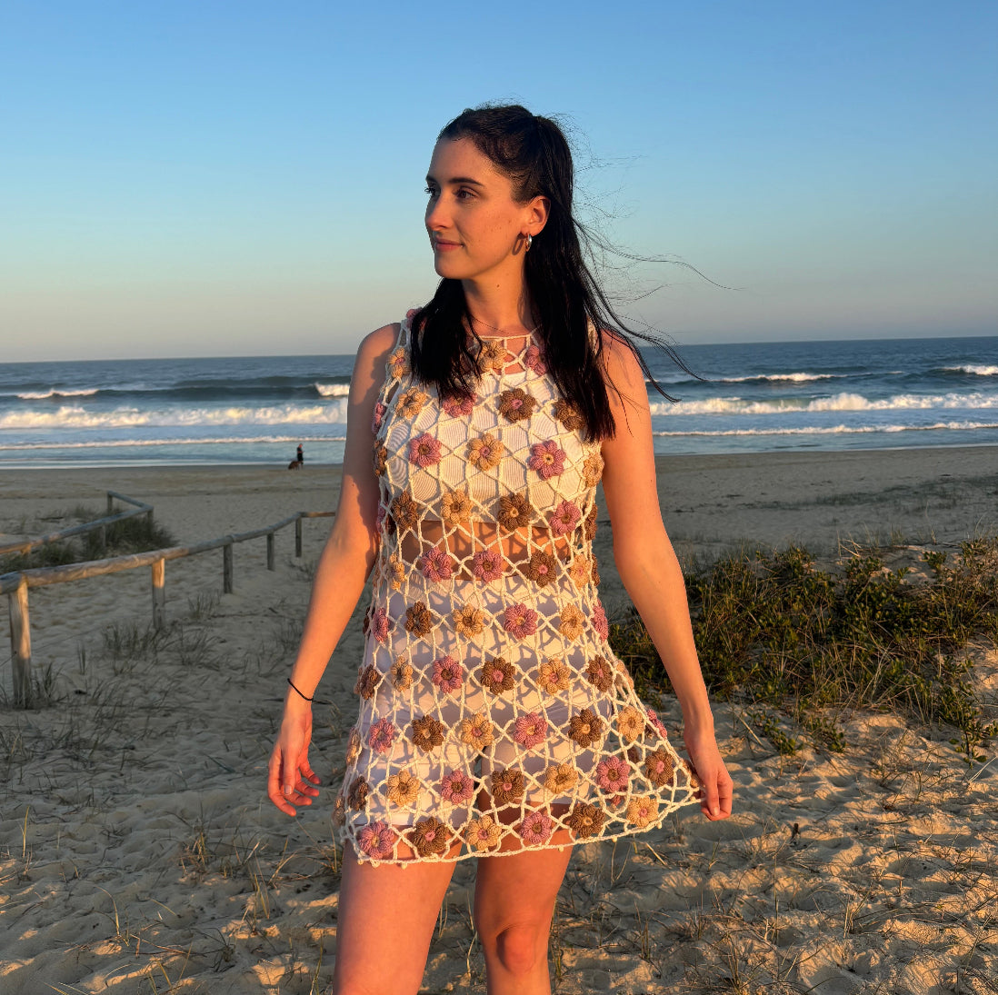 Crochet Pattern- Puff Flower Mesh Crochet Dress- Summer Beach Cover-Up Dress- Lace Demure Crochet Dress