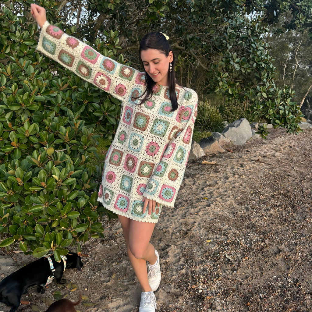 Crochet Pattern- Sunshine Granny Square Crochet Dress- Summer Winter Beach Cover-Up Dress